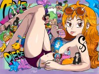 breasts drawing giantess horns manga mega blonde black_hair color tongue swimsuit nami nico_robin one_piece barefoot cleavage bra blue_hair ice_cream green_hair red_hair sandals shorts drink blue_skin sunglasses skeleton palm_trees monkey_d_luffy earrings rainbow goggles pirate legs_crossed sanji luffy brook bare_legs usopp tony_tony_chopper franky jimbei roronoa_zoro