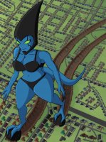 breasts drawing giantess panties tail city mega alien color large_breasts destruction cleavage bra buildings green_eyes smiling blue_skin foot_print thighs road ben_10 bare_legs bare_midriff svenyatta cartoon_network helen_wheels