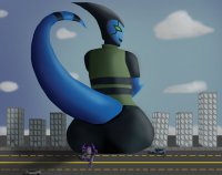 breasts drawing giantess horns tail city mega alien color butt destruction buildings butt_crush green_eyes red_eyes multiple_sizes smiling street blue_skin giantesses vehicles thick_thighs ben_10 grey_skin way_bad svenyatta cartoon_network helen_wheels