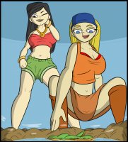 breasts drawing giantess giga blonde black_hair color large_breasts long_hair blue_eyes cleavage skirt water brown_eyes island asian boots shorts reaching cartoon mountains giantesses lake clouds crouching necklace top bracelet total_drama_island bare_legs lindsay kyudude bare_midriff heather