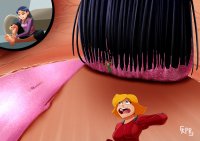 breasts drawing micro blonde black_hair color long_hair blue_eyes brown_eyes red_hair short_hair sitting mandy brush unaware shrunken_woman falling pants pink_nails indoors clover nail_polish totally_spies belt sofa jumpsuit running_away alex legs_crossed sam tripping on_toe cutaway hair_pin kisparlius