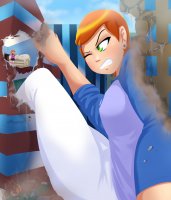 breasts drawing growth giantess city mega color destruction buildings green_eyes outgrowing_building short_hair sitting pants earrings sofa orange_hair gwen_tennyson debris ben_10 looking_at_tiny kogochew hair_pin cartoon_network