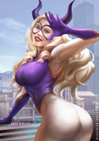 breasts drawing giantess horns city mega blonde color large_breasts long_hair butt buildings mask cosplay thighs costume looking_at_viewer scarlett_johansson leaning_on_building my_hero_academia mikurei26 mt._lady yu_takeyama