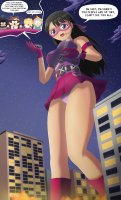 breasts drawing giantess panties city mega upskirt black_hair color large_breasts long_hair destruction handheld skirt buildings brunette purple_eyes gloves boots phone mask night thighs costume point_of_view dialogue stars wendy stan hood south_park thedaibijin bare_legs cutaway kyle eric_cartman kenny call_girl coon human_kite toolshed mysterion