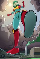 breasts drawing giantess mega color destruction rampage angry gloves green_hair short_hair sun boots smoke clouds thighs fist costume point_of_view belt factory green_skin rick_and_morty caiman2 picjusbro planetina