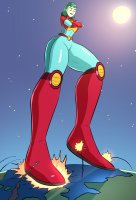breasts drawing giantess earth giga space color destruction rampage gloves green_hair short_hair sun boots foot_crush explosion costume missiles belt stars green_skin cosmic_giantess rick_and_morty caiman2 picjusbro planetina