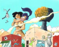 breasts drawing giantess nude mega black_hair color large_breasts robot destruction cleavage buildings helicopter purple_hair asian ponytail explosion fighting vehicles thighs leela futurama closed_eyes nuke running_away bender gulliver63 amy_wong convenient_censorship