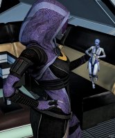 breasts alien armor handheld gloves boots blue_skin tali shrunken_woman mask indoors belt sofa hands_on_hips lamp hood looking_at_tiny digital_render mass_effect asari quarian ldontmindmel liara