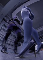 liara breasts giantess micro alien large_breasts butt armor toes high_heels spaceship dress blue_skin tali unaware shrunken_man mask thighs point_of_view belt hands_on_hips hood digital_render mass_effect bare_legs asari quarian env_light