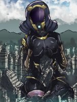 breasts drawing giantess city mega alien color large_breasts armor destruction buildings kneeling tali mountains mask thighs thigh_crush hood spacesuit embernaga mass_effect talizorah quarian
