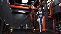 breasts giantess mega alien black_hair long_hair armor cleavage multiple_sizes gloves spaceship ponytail boots blue_skin jack pants scientist indoors tattoo belt jumpsuit tiara tablet digital_render mass_effect ashley_williams bare_midriff samara anttiergod liara