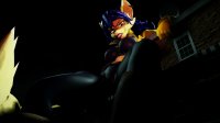 breasts giantess furry tail mega vixen large_breasts destruction buildings blue_hair fox brown_eyes gloves police pants night leaning_against_building jacket earrings top belt sitting_on_building digital_render carmelita_fox bare_midriff police_officer sly_cooper_(series) aliens666