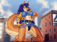 breasts drawing giantess panties furry tail city mega upskirt vixen color large_breasts claws toes barefoot skirt buildings blue_hair fox brown_eyes gloves police kneeling watch fangs thighs red_nails jacket top belt ripped_clothing hands_on_hips zipper looking_at_tiny orange_skin bare_legs carmelita_fox bare_midriff sly_cooper_(series) lookitsthemoon