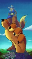 breasts drawing giantess panties furry giga tail city upskirt vixen color large_breasts long_hair claws toes barefoot cleavage skirt buildings blue_hair fox smiling police earrings top belt hands_on_hips imminent_crush zipper orange_skin bare_legs carmelita_fox sergesalvatrice bare_midriff sly_cooper_(series)