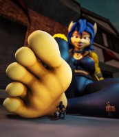 breasts furry tail city vixen toes barefoot buildings blue_hair fox gloves police boots sitting raccoon collar shrunken_man pants jacket top belt legs_crossed thief looking_at_tiny digital_render sly_cooper orange_skin grey_skin carmelita_fox bare_midriff police_officer sly_cooper_(series) js3ds