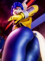 breasts furry tail vixen butt toes barefoot climbing blue_hair angry fox gloves police raccoon shrunken_man pants thighs hat jacket point_of_view looking_behind thick_thighs looking_at_tiny digital_render sly_cooper carmelita_fox police_officer sly_cooper_(series) js3ds
