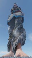 breasts giantess giga city large_breasts toes barefoot buildings red_hair tribal pants horizon towering point_of_view necklace belt digital_render picjusbro aloy