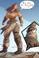 breasts drawing giantess giga color large_breasts long_hair skirt brown_eyes red_hair boots muscles village mountains tribal pants horizon clouds freckles necklace cutaway caiman2 picjusbro dialogues aloy