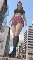 breasts giantess panties city mega upskirt large_breasts long_hair blue_eyes skirt buildings shoes socks street red_hair horizon thighs freckles point_of_view braid top running_away school_uniforms water_tower digital_render bare_legs bare_midriff looking_at_tinies aloy jessicagts