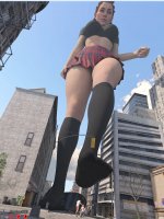 breasts giantess panties city mega upskirt large_breasts long_hair blue_eyes skirt buildings shoes socks street red_hair horizon thighs freckles point_of_view braid top school_uniforms imminent_crush digital_render bare_legs bare_midriff looking_at_tinies aloy jessicagts