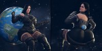 breasts growth giantess earth giga space black_hair large_breasts long_hair butt planet stockings purple_eyes gloves dress boots hooves choker necklace stars looking_at_planet on_butt thick_thighs digital_render cosmic_giantess the_witcher yennefer anonymoly