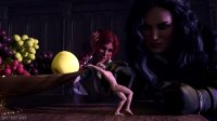 breasts white_hair nude black_hair long_hair smiling gloves red_hair shrunken_man bowl fruit grapes scar looking_at_tiny digital_render apples the_witcher geralt triss_merigold yennefer bare-faced-cheek