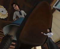 breasts black_hair blue_eyes skirt short_hair boots shrunken_woman indoors choker shirt point_of_view hands_on_hips imminent_crush scarf bioshock_infinite looking_at_tiny bioshock digital_render elizabeth_comstock slyworks