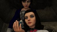 breasts giantess black_hair blue_eyes handheld skirt multiple_sizes shrunken_woman shirt bioshock_infinite looking_at_tiny bioshock digital_render elizabeth_comstock t-y-l-n