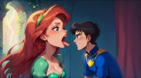 breasts vore black_hair long_hair blue_eyes cleavage princess castle couple dress mini_giantess parody disney earrings ai_art genaibooru