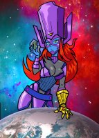 breasts drawing giantess vore earth giga space color long_hair armor planet handheld cleavage yellow_eyes red_hair blue_skin galactus thighs looking_at_viewer belt stars x-men planet_vore inspector97 cosmic_giantess mystique marvel_comics fusion infinity_gauntlet galactique