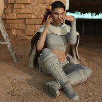 breasts blonde large_breasts buildings brunette brown_eyes short_hair boots sitting star_wars shrunken_man pants dangle cape belt legs_crossed shrink_gun pinched looking_at_tiny digital_render bare_midriff padme_amidala padme giantess-stalker