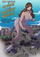 breasts drawing giantess city mega color large_breasts long_hair destruction blue_eyes handheld cleavage skirt buildings brunette parody highway vehicles poster truck top hairband attack_of_the_50_foot_woman bare_legs bare_midriff kerifik magebad mai_liddle