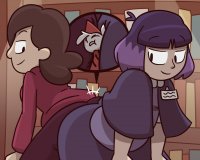 breasts drawing micro color long_hair butt butt_crush purple_hair brunette smiling elf short_hair shrunken_man pants books thighs hat sweater library thick_thighs looking_at_tiny between_buttcheeks cutaway hilda_(series) alfur megamaliit johanna_(hilda) kaisa