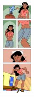 breasts drawing growth giantess comic black_hair color long_hair sandals shorts table eating dark_skin indoors cookies disney native top outgrowing_room nani_pelekai drsgrowth lilo_and_stitch