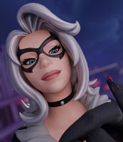 giantess white_hair blue_eyes claws smiling collar shrunken_man mask costume looking_at_tiny digital_render black_cat spider-man marvel_comics peter_parker felicia_hardy dwighteisenhower