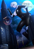 breasts drawing giantess white_hair city mega color large_breasts blue_eyes cleavage buildings moon short_hair boots teasing night thighs catsuit balloons new_york_city pizza dialogue stars hands_on_hips looking_at_tiny black_cat spider-man marvel_comics chrysler_building cutaway peter_parker felicia_hardy shizeart