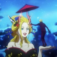 breasts drawing giantess horns blonde color long_hair blue_eyes one_piece cleavage anime shoes gloves dress short_hair shrunken_man pants red_nails jacket umbrella earrings sanji on_palm hair_bun flower_in_hair black_maria