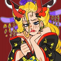 breasts drawing giantess horns blonde color long_hair blue_eyes handheld one_piece cleavage anime dress short_hair shrunken_man earrings sanji no_background flower_in_hair black_maria dailysbrredacted