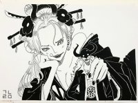 breasts drawing giantess horns manga mega color long_hair one_piece cleavage dress lying_down shrunken_man mask pants jacket earrings no_background looking_at_tiny hair_bun flower_in_hair black_maria