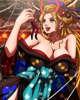 breasts drawing giantess horns blonde color long_hair blue_eyes one_piece cleavage anime shoes kimono dress short_hair shrunken_man pants jacket licking_lips earrings sanji pinched looking_at_tiny hair_bun flower_in_hair black_maria