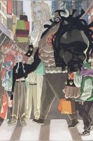drawing giantess white_hair horns city blonde black_hair color long_hair giant one_piece buildings blue_hair muscles abs mask hat jacket earrings bracelet sidewalk shopping_bags spikes