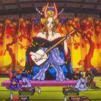 breasts drawing giantess horns blonde black_hair color long_hair blue_eyes one_piece cleavage anime red_hair kimono dress short_hair shrunken_woman pants indoors guitar red_nails earrings on_palm hair_bun flower_in_hair looking_at_tinies black_maria