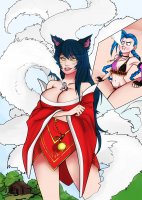 breasts drawing giantess tail mega black_hair color large_breasts long_hair bra purple_eyes yellow_eyes fox_ears dress twintails fox_girl braid necklace belt tickling cabin league_of_legends ahri looking_at_tiny bare_legs cutaway bubimun bare_midriff between_breasts bullets jinx_(league_of_legends)