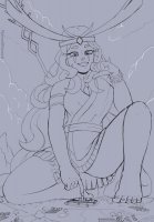 breasts drawing giantess giga horns mega monochrome long_hair destruction toes cleavage smiling dress kneeling farm mountains clouds thighs staff tattoo road trees belt factory headband cracked_ground flameeliwood boudica