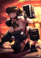 breasts drawing giantess mega color armor cleavage gun huge_breasts shoes brunette gloves kneeling thighs choker looking_at_viewer nuke thumb helmet mech hair_bun between_breasts helldivers ultimatenova