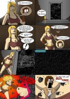 breasts drawing giantess mega blonde comic color large_breasts long_hair blue_eyes toes barefoot cleavage skirt brunette muscles abs steps punch gate fist top dialogue hands_on_hips wall looking_at_tiny cmartworkxl bare_legs vest bare_midriff between_breasts