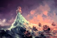 drawing giantess mega blonde color water ocean goddess dress lighthouse waves ships sails calypso aquasixio