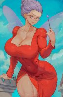 breasts wings large_breasts armor cleavage glasses purple_hair fairy purple_eyes castle knight dress pink_nails cosplay thighs earrings leaning_on_building shrek magic_wand iris hair_bun dreamworks mtolympuscomics fairy_godmother