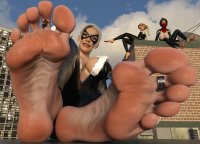 breasts white_hair blonde black_hair barefoot climbing asian sitting shrunken_man mask toe_ring on_foot jumpsuit rooftop zipper on_toe digital_render black_cat miles_morales spider-man marvel_comics spider-gwen cindy_moon silk looking_at_tinies peter_parker felicia_hardy proteindog47