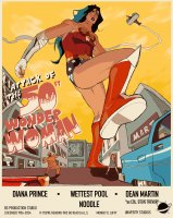 breasts drawing giantess city mega blonde black_hair color long_hair armor blue_eyes bandages buildings boots airplane parody suit vehicles poster thighs fist hat costume wonder_woman point_of_view bracelet tiara imminent_crush attack_of_the_50_foot_woman dc_comics bare_legs looking_at_tinies wettestpool